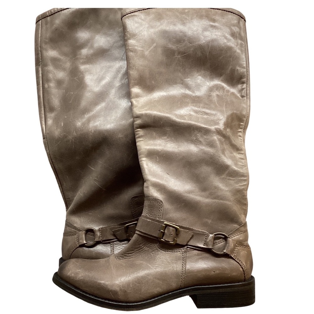 Frye Women's Melissa Button Tall Boots Taupe Leather Buckle‎ Zip Size 6.5